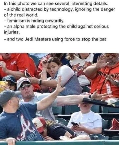 In this photo we can see several interesting details: distracted technology, ignoring the danger of the real world. feminism is hiding cowardly. an alpha male protecting the child against serious inju
