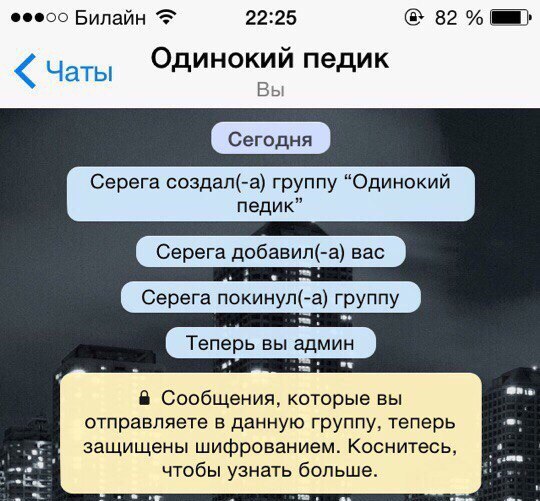 Билайн 22:25 82 Одинокий педик Вы Серега создал(-а) группу “Одинокий педик” Серега добавил(-а) вас Серега покинул(-а) группу 8 Сообщения, которые вы отправляете в данную группу, теперь защищены шифров