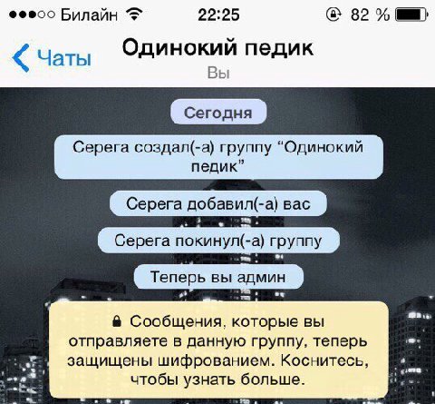 Билайн 22:25 82 Одинокий педик Вы Серега создал(-а) группу “Одинокий педик” Серега добавил(-а) вас Серега покинул(-а) группу 8 Сообщения, которые вы отправляете в данную группу, теперь защищены шифров