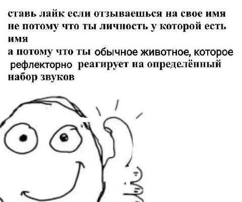 ставь лайк если отзываешься на свое имя не потому что ты личность у которой есть ИМЯ а потому что ты обычное животное, которое рефлекторно реагирует на определённый набор звуков и