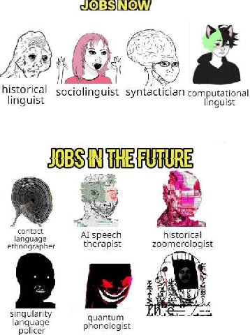 ENS 4 a и historical sociolinguist syntactician computational linguist linguist А i speech historical ethnographer therapist zoomerologist 5 singularity quantum language policer phonologist
