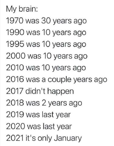My brain: 1970 was 30 years ago 1990 was 10 years ago 1995 was 10 years ago 2000 was 10 years ago 2010 was 10 years ago 2016 was a couple years ago 2017 didn't happen 2018 was 2 years ago 2019 was las