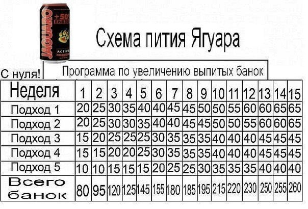 Схема пития Ягуара по увеличению выпитых банок 606565 Подход2_ 65 3535404040454545
