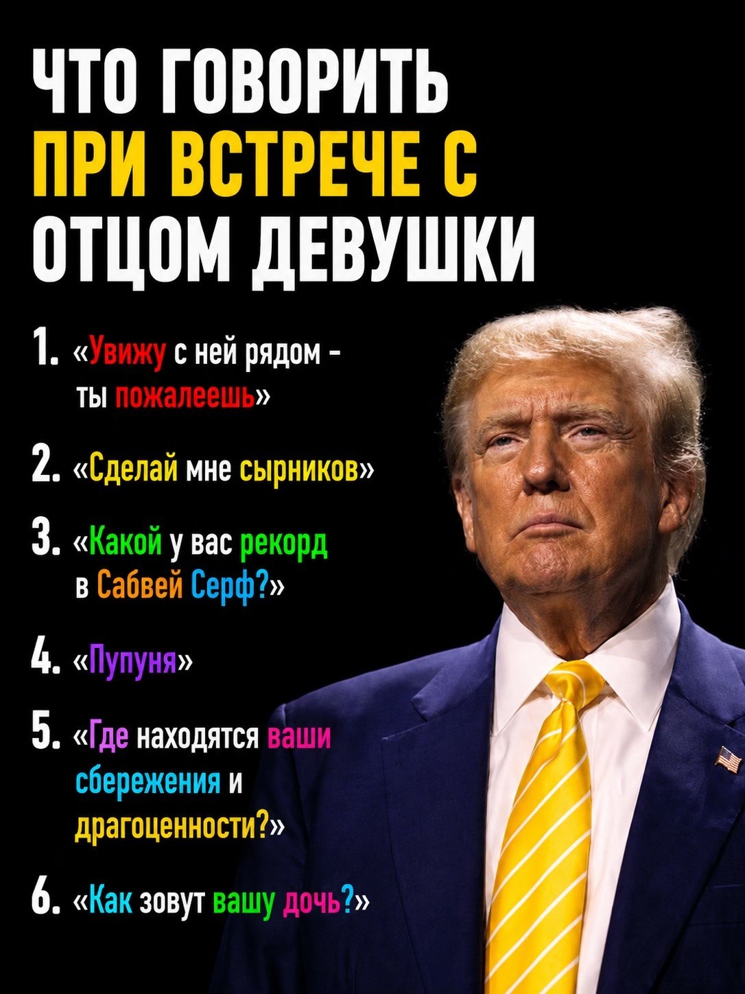 ЧТО ГОВОРИТЬ ПРИ ВСТРЕЧЕ С ОТЦОМ 1. с ней рядом ТЫ 2. «Сделай мне сырников» a 3. «Какой у вас рекорд в Сабвей Серф?» 4. «Пуп 5 «Где находятся сбережения и драгоценности?» 6. «Как зовут вашу