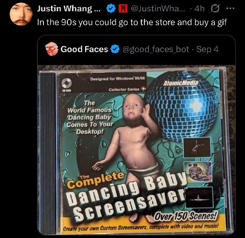 Justin Whang In the you could to the store and buy a gif Good Faces Designed for Windows 95/98 AtomicMedia Collec. World Famous! ‘Dancing Baby Сотез То Your Desktop! ens