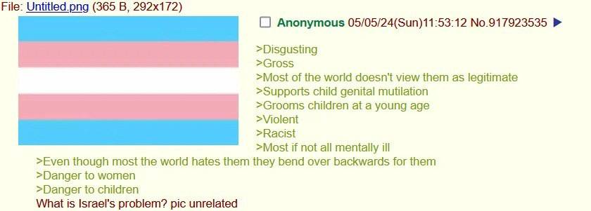 File: Untitled.png (365 В, Anonymous 05/05/24(Sun)11:53:12 No.917923535 >Disgusting >Gross >Most of the world doesn't view them as legitimate >Supports child genital mutilation >Grooms children at a y