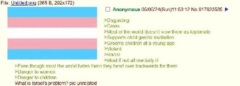 File: Untitled.png (365 В, Anonymous 05/05/24(Sun)11:53:12 No.917923535 >Disgusting >Gross >Most of the world doesn't view them as legitimate >Supports child genital mutilation >Grooms children at a y