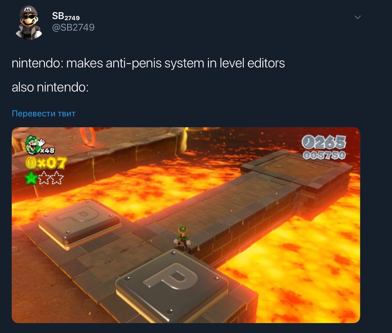 я nintendo: makes anti-penis system in level editors also nintendo: Перевести твит