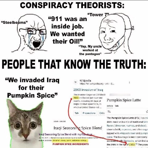 CONSPIRACY THEORISTS: a “914 “Tower 7” was an “Steelbeams” inside job. We wanted в 5 their Oil! “Yep. My uncle worked at я the pentagon” “We invaded Iraq Wikipedia wiki 2... for their or 2003 invasion