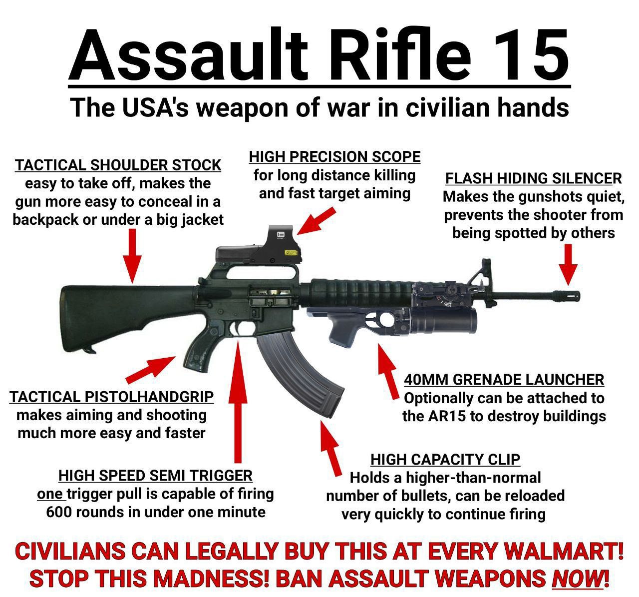 Assault Rifle 15 The USA's weapon of war in civilian hands HIGH PRECISION SCOPE TACTICAL SHOULDER STOCK easy to take off, makes the for long distance killing FLASH HIDING SILENCER and fast target aimi