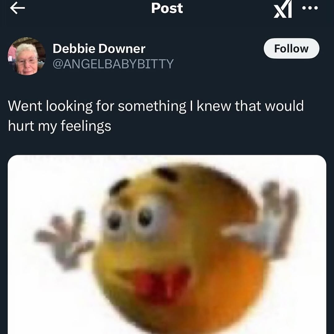 Post Debbie Downer Follow 3 @ANGELBABYBIT Went looking for something knew that would hurt my feelings 2