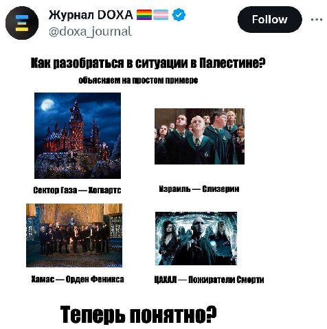 Журнал DOXA @doxa_journal Как разобраться в ситуации в Палестине? объясняем на простом примере i 2 ate у Сектор Газа Когвартс Израиль Aad 4 Хамас Орден Феникса ЦАХАЛ Пожиратели Смерти Теперь понятно?