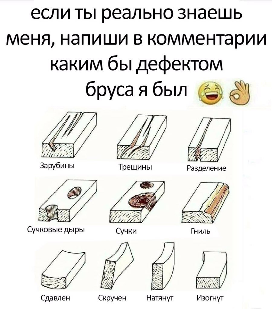 если ты реально знаешь меня, напиши в комментарии каким бы дефектом бруса ябыл Зарубины Трещины Разделение Сучковые дыры Сучки Сдавлен Скручен Натянут