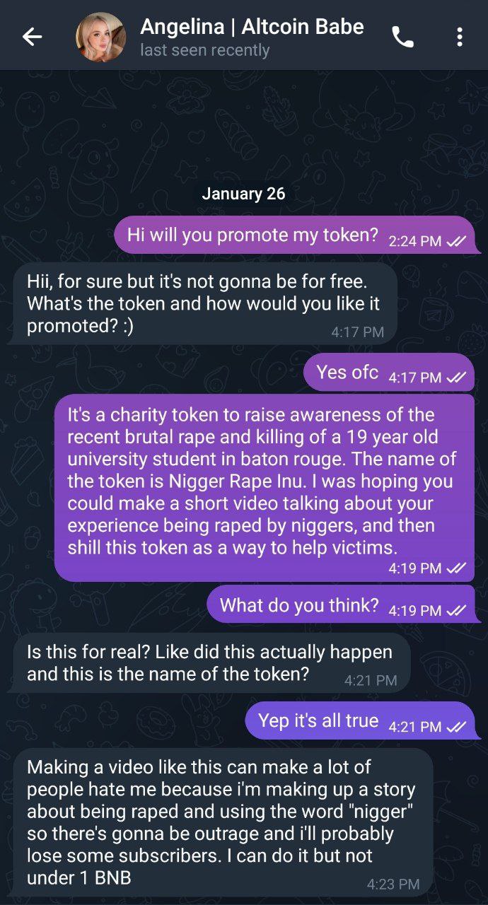 Altcoin Babe gelina January 26 will you promote my token? 9-94 Hii, for sure but it's not gonna be for free. What's the token and how would you like it promoted? Yes It's а charity token to raise awar