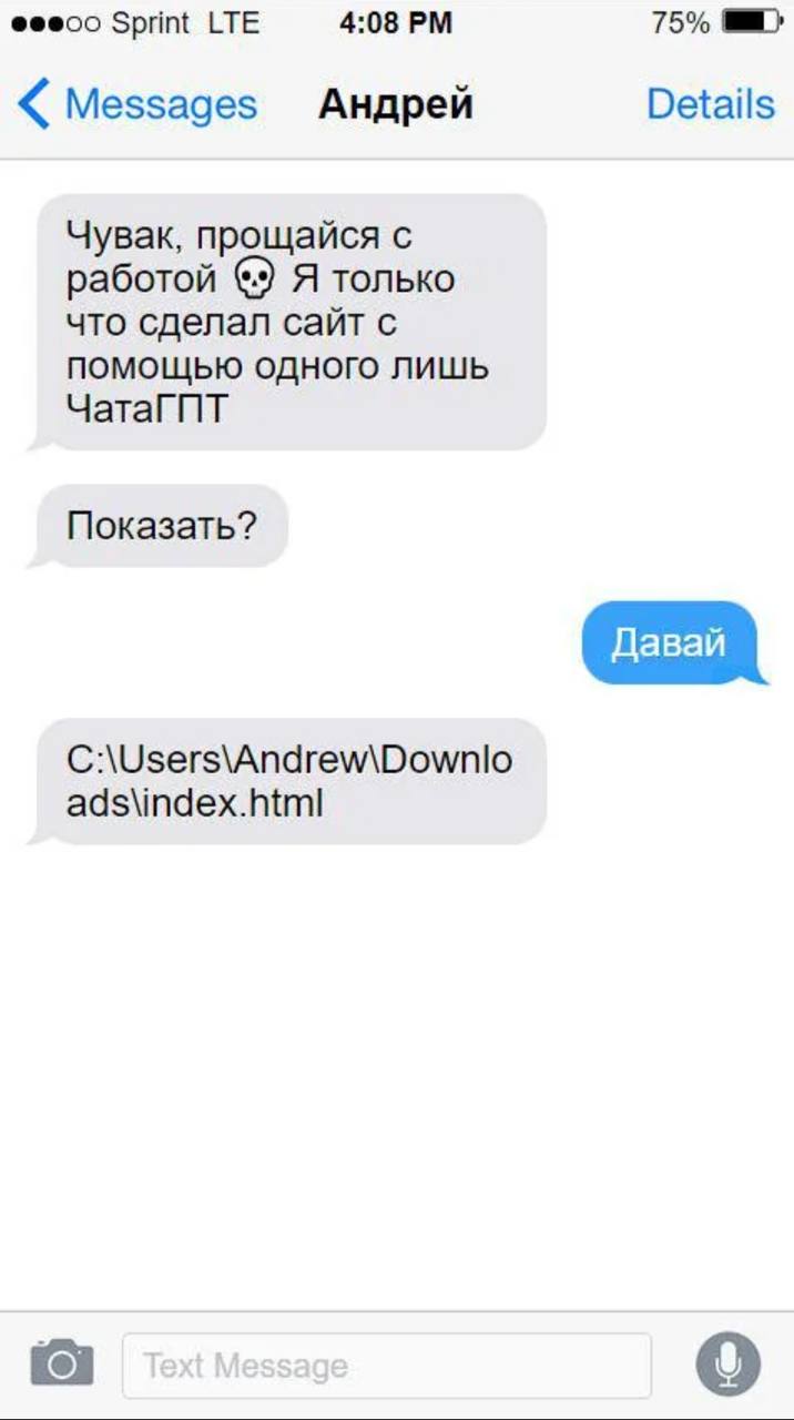 Sprint LTE 4:08 75% Messages Андрей Details Чувак, прощайся с работой Я только что сделал сайт с ПОМОЩЬЮ ОДНОГО ЛИШЬ ЧатаГ Показать? C:\Users\Andrew\Downlo ads\index.html