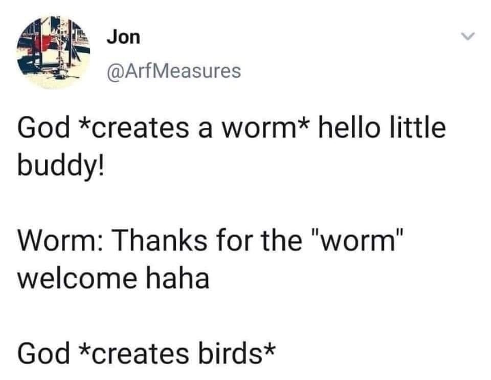 Jon @ArfMeasures God *creates a hello little buddy! Worm: Thanks for the "м/огт" welcome haha God *creates birds*