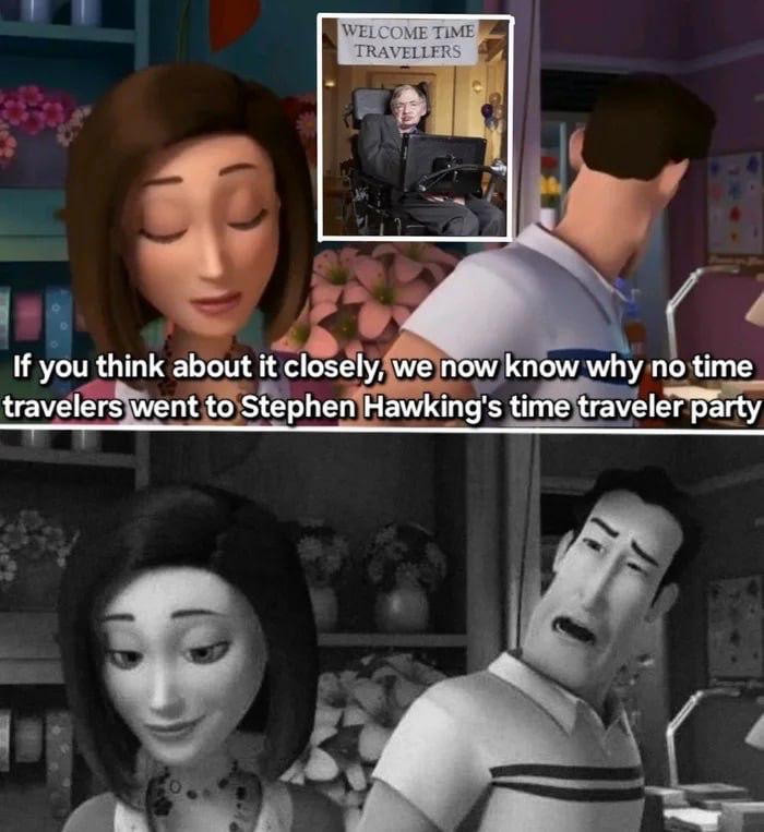 WELCOME TIME TRAVEL LERS с If you think about it closely, now пом/ поте travelersjwent to time traveler party
