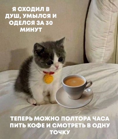 Я СХОДИЛ В ДУШ, УМЫЛСЯ И ОДЕЛСЯ ЗА 30 МИНУТ ТЕПЕРЬ МОЖНО ПОЛТОРА ЧАСА ПИТЬ КОФЕ И СМОТРЕТЬ В ОДНУ ТОЧКУ