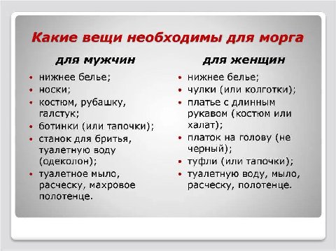 Какие вещи необходимы для морга для мужчин для женщин нижнее белье; нижнее белье; носки; чулки (или колготки); костюм, рубашку, платье с длинным галстук; рукавом (костюм или ботинки (или тапочки); хал
