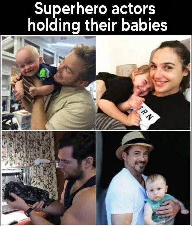 Superhero actors holding their babies