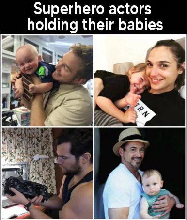 Superhero actors holding their babies