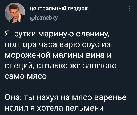 центральный п*здюк Я: сутки мариную оленину, полтора часа варю соус из мороженой малины вина и специй, столько же запекаю само мясо Она: ты нахуя на мясо варенье налил я хотела пельмени