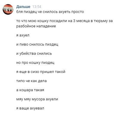 с 4 Дальше бля пиздец че снилось ахуеть просто то что мою кошку посадили на 3 месяца в тюрьму за разбойное нападение я ахуел и пиво снилось пиздец и убийства снились но про кошку пиздец яеще в сизо пр