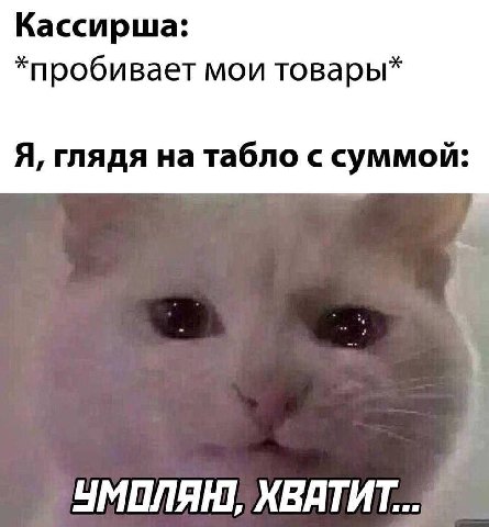 Кассирша: *пробивает мои товары* Я, глядя на табло с суммой: ХВАТИТ...