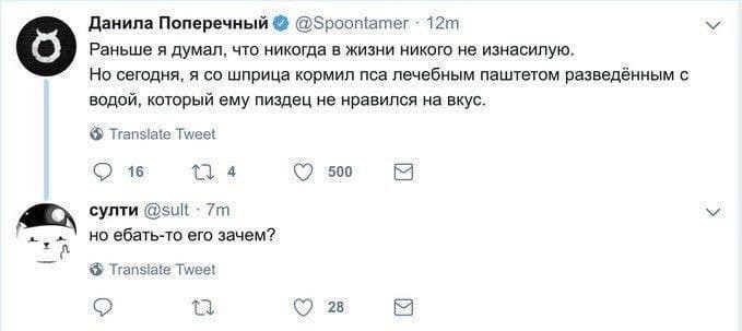 Данила Поперечный @Зроогиатег Раньше я думал, что никогда в жизни никого не изнасилую. Но сегодня, я шприца кормил пса лечебным паштетом разведённым с водой, который ему пиздец не нравился на вкус. Tr