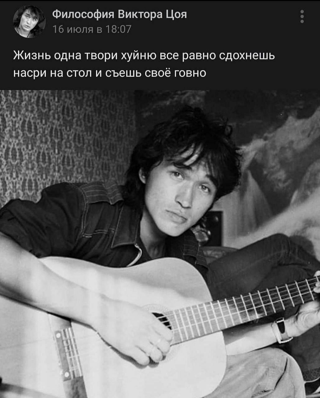 Философия Виктора Цоя 16 июля в 18:07 Жизнь одна твори хуйню все равно сдохнешь насри на стол и съешь своё говно