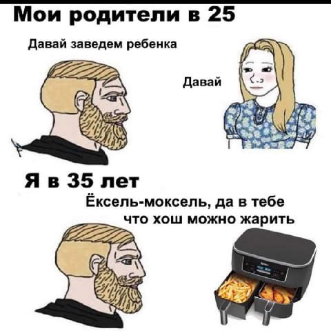 Мои родители в 25 Давай заведем ребенка 777 Давай 35 лет Ёксель-моксель, да в тебе что хош можно жарить