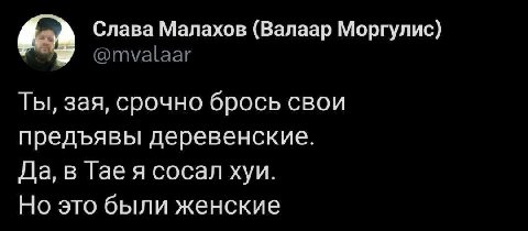 Слава Малахов (Валаар Моргулис) @mvalaar Ты, зая, срочно брось свои предъявы деревенские. Да, в Тае я сосал хуи. Но это были женские