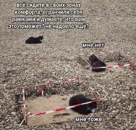 все сидите в своих зонах ‚комфорта, огранчили ‘себя рамками и думаете, что вам это поможет? не надоело ещё? мне нет мне тоже