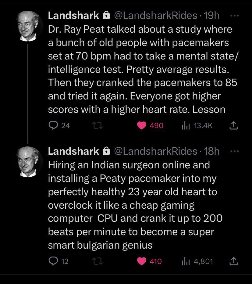 Гапазпагк Ray Peat talked about a study where a bunch of old people with pacemakers set at 70 bom had to take a mental state/ intelligence test. Pretty average results. Then they cranked the pacemaker