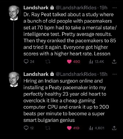 Гапазпагк Ray Peat talked about a study where a bunch of old people with pacemakers set at 70 bom had to take a mental state/ intelligence test. Pretty average results. Then they cranked the pacemaker