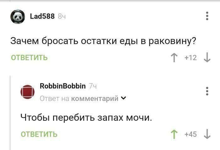 о Lad588 Зачем бросать остатки еды в раковину? ОТВЕТИТЬ +12 RobbinBobbin Ответ комментарий Чтобы перебить запах мочи. ОТВЕТИТЬ 1 +45