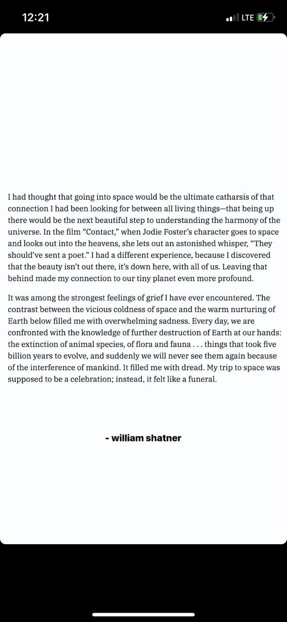 I had thought that going into space would be the ultimate catharsis of that connection I had been looking for between all living things—that being up there would be the next beautiful step to understa