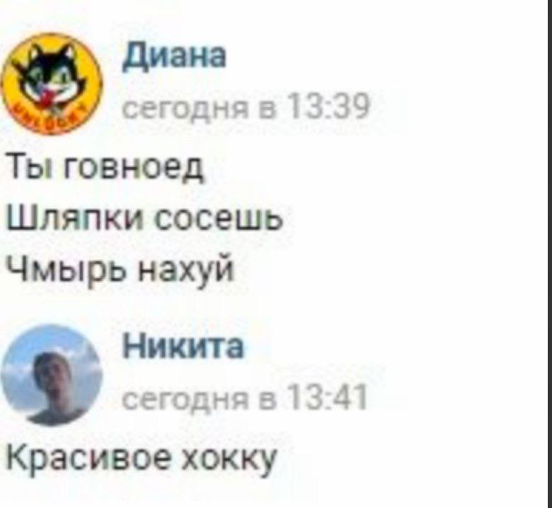 Диана 5) сегодня в 13:39 Ты говноед Шляпки сосешь Чмырь нахуй Никита сегодня в 13:41 2 Красивое хокку