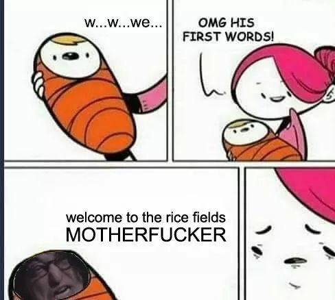 OMG HIS FIRST WORDS! welcome to the rice fields MOTHERFUCKER