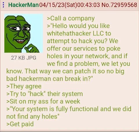 HackerMan04/15/23(Sat)00:43:03 No.72959568 >Call a company >"Hello would you like whitehathacker LLC to attempt to hack you? We offer our services to poke 27 JPG holes in your network, and if we find 