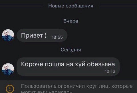 Новые сообщения Вчера Привет Сегодня Короче пошла на хуй обезьяна 10:16 Пользователь ограничил круг лиц, которые БАЛА