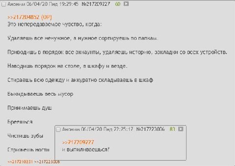 Аноним 06/04/20 Пнд 19:29:45 №217209227 60 >>217204852 Это непередаваемое чувство, когда: Удаляешь все ненужное, а нужное сортируешь по папкам. Приводишь в порядок все аккаунты, удаляешь историю, закл