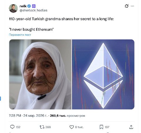 rwik @sherlock_hodles 110-year-old Turkish grandma shares her secret to a long life: never bought Ethereum" Перевести пост я 7:28 24 мар. 2026 269,6 тыс. просмотров {1 388 бтыс. 197 152