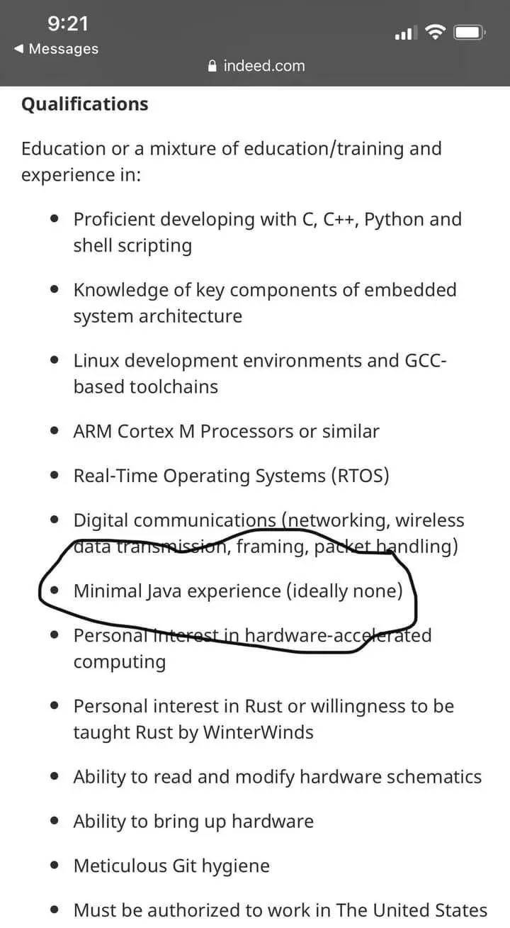 9:21 <4 Messages indeed.com Qualifications Education or a mixture of education/training and experience in Proficient developing with С, Python and shell scripting Knowledge of key components of embedd