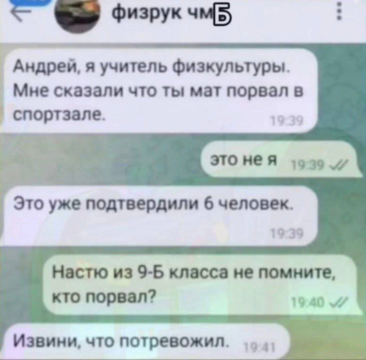 Андрей, я учитель физкультуры. Мне сказали что ты мат порвал в спортзале. Это уже подтвердили 6 человек. 19:39 Настю из 9-Б класса не помните, кто порвал? Извини, что потревожил.