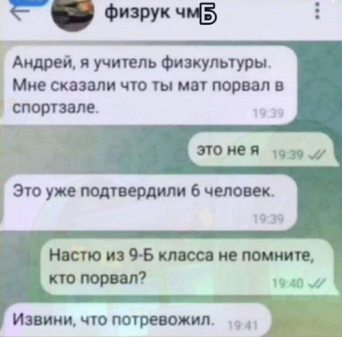 Андрей, я учитель физкультуры. Мне сказали что ты мат порвал в спортзале. Это уже подтвердили 6 человек. 19:39 Настю из 9-Б класса не помните, кто порвал? Извини, что потревожил.