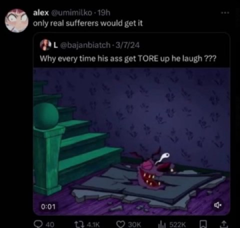 alex @umimilko only real sufferers would get it -3/7/24 Why every time his ass get TORE up he laugh 77? а a 4 0:01 5: О 40
