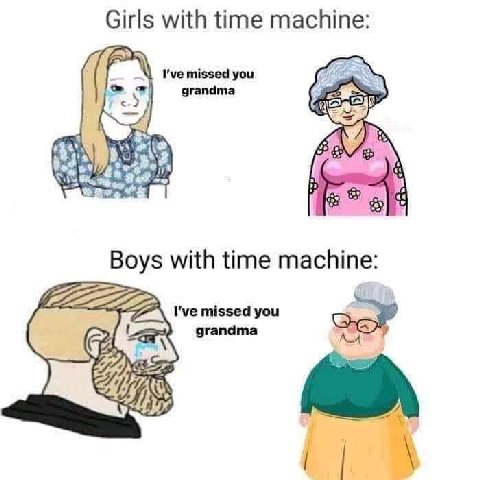 Girls with time machine: I've missed you grandma а Boys with time machine: I've missed you 4