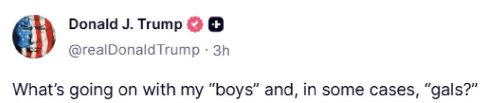 А Donald Тгитр @realDonaldTrump What's going on with my “boys” and, in some cases, “gals?”