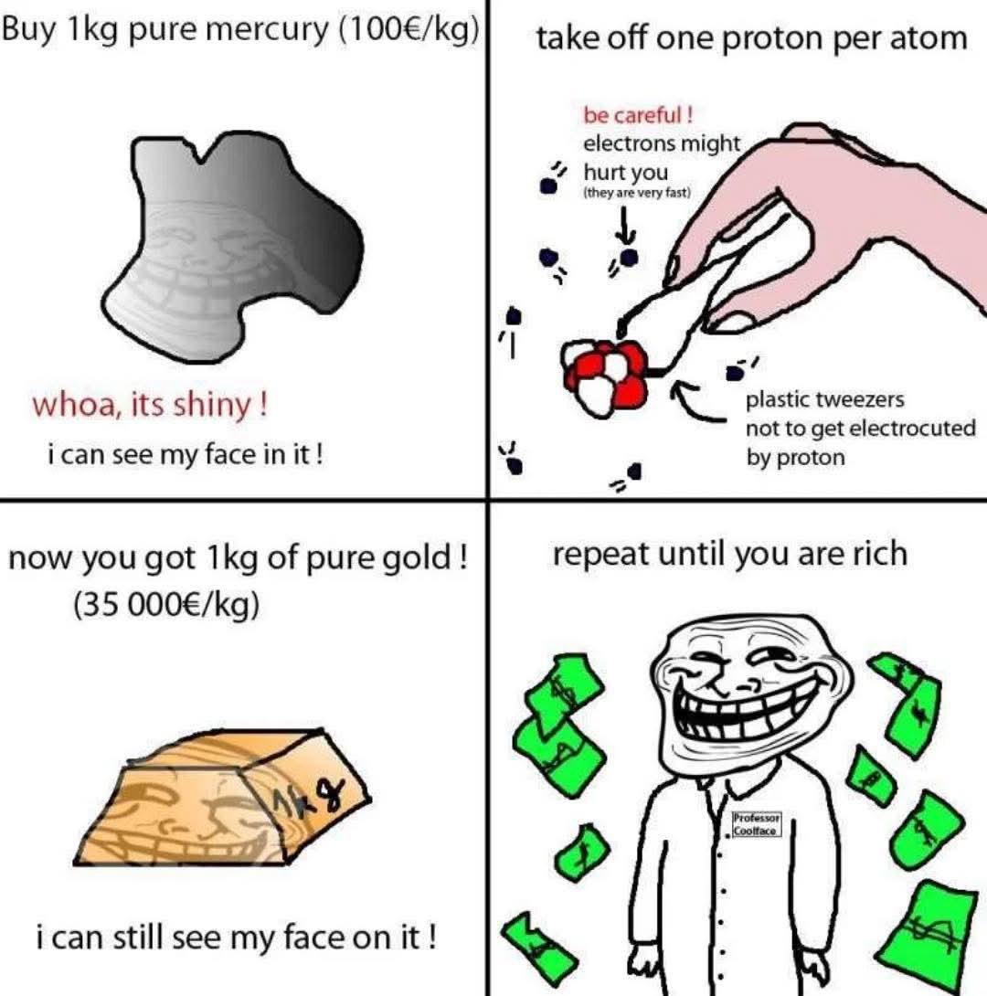 Buy pure mercury off one proton per atom be careful electrons might hurt you (they are very fast) whoa, its shiny plastic tweezers not to get electrocuted ican see my face in it! а proton now you got 